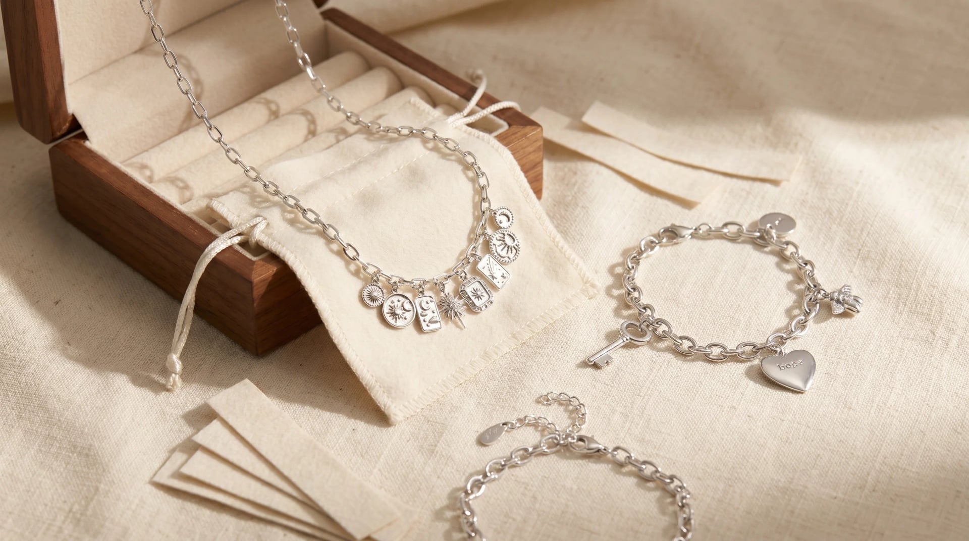 A silver charm necklace and two charm bracelets arranged with a wooden jewelry box on a cream linen cloth, by Enleira