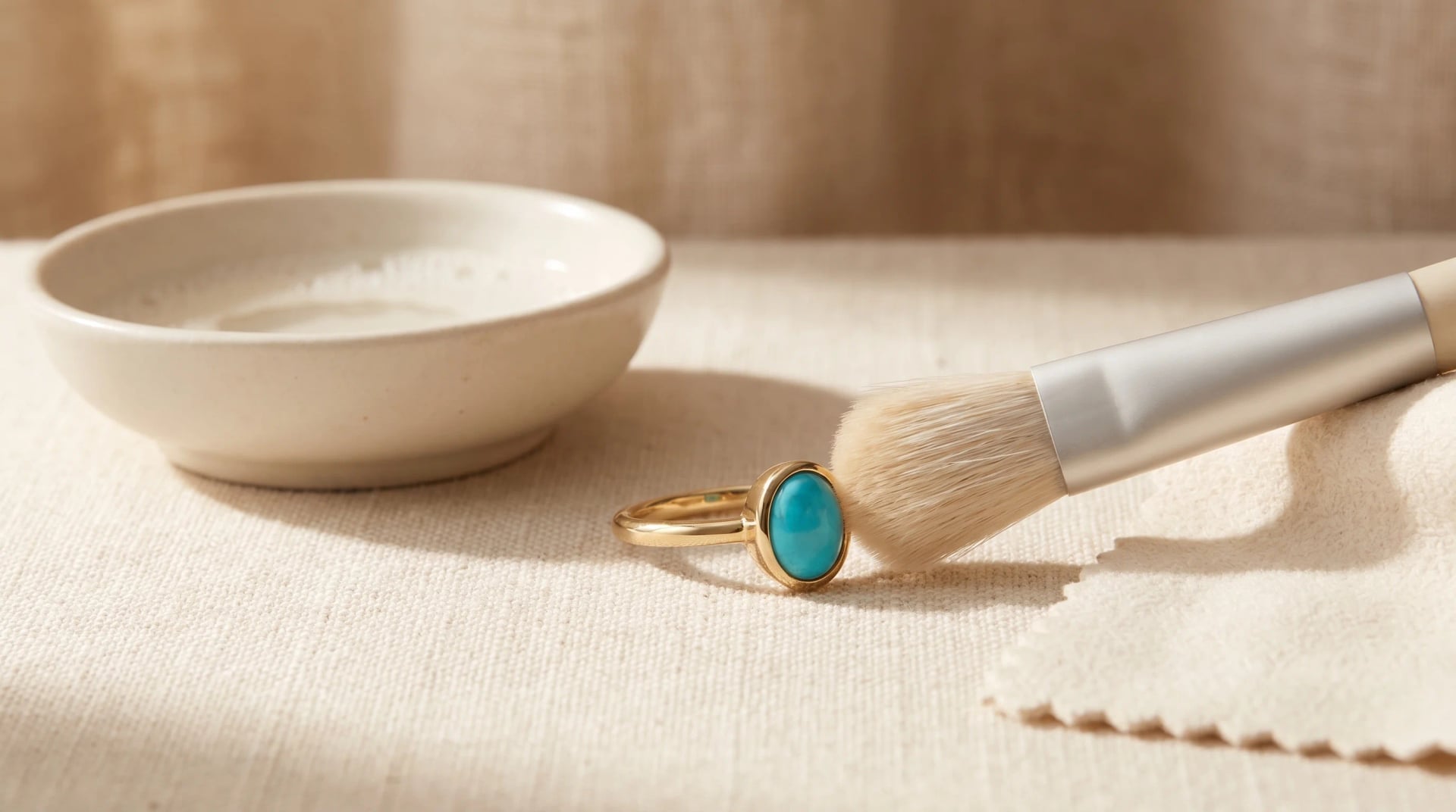 A gold and turquoise ring being cleaned with a soft brush and water on a cream linen surface, by Enleira