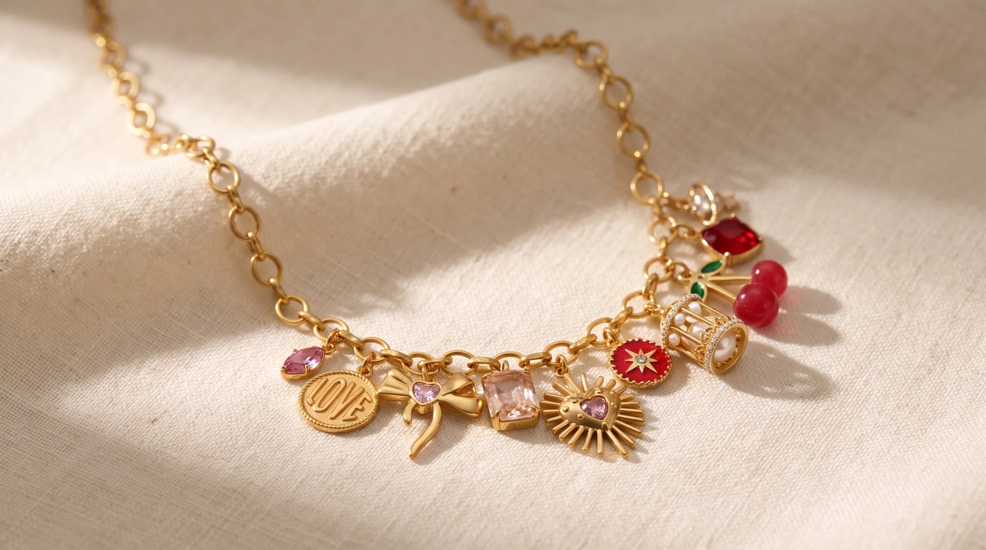 A gold charm necklace with love, heart, and cherry charms resting on a cream linen surface, by Enleira